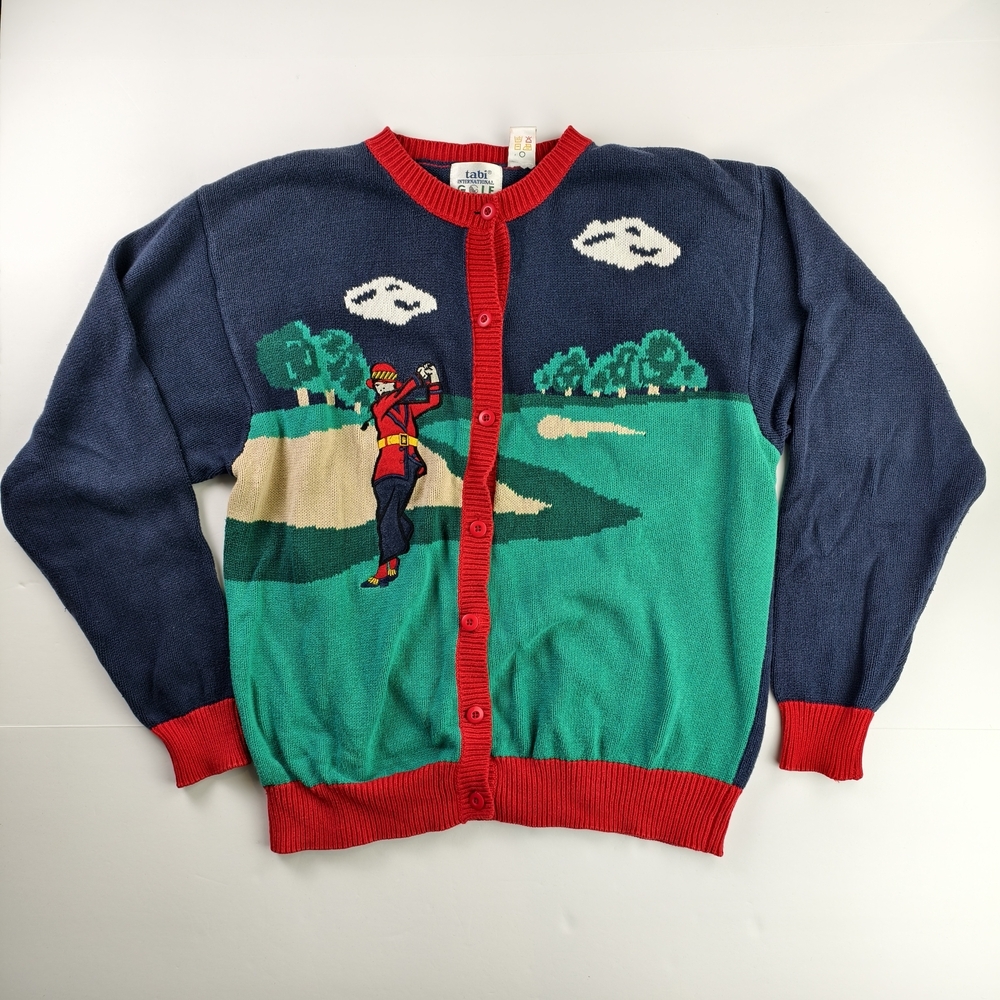 Tabi International Golf Vintage Scene Cardigan Playful Retro Knit Collectible L
